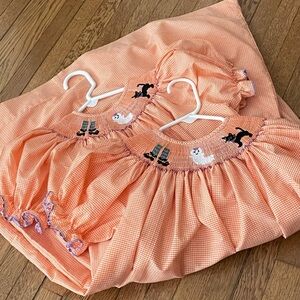 Halloween smocked Bishop Dress orange check black cat 4t, or 5 white ghost